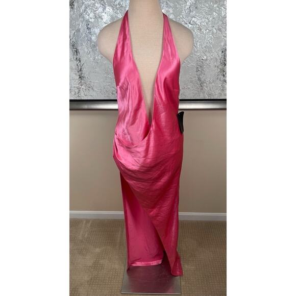 Retrofete Valeria Halterneck Open Back High Slit Maxi Dress in Candy Pink Sz L - Picture 3 of 8